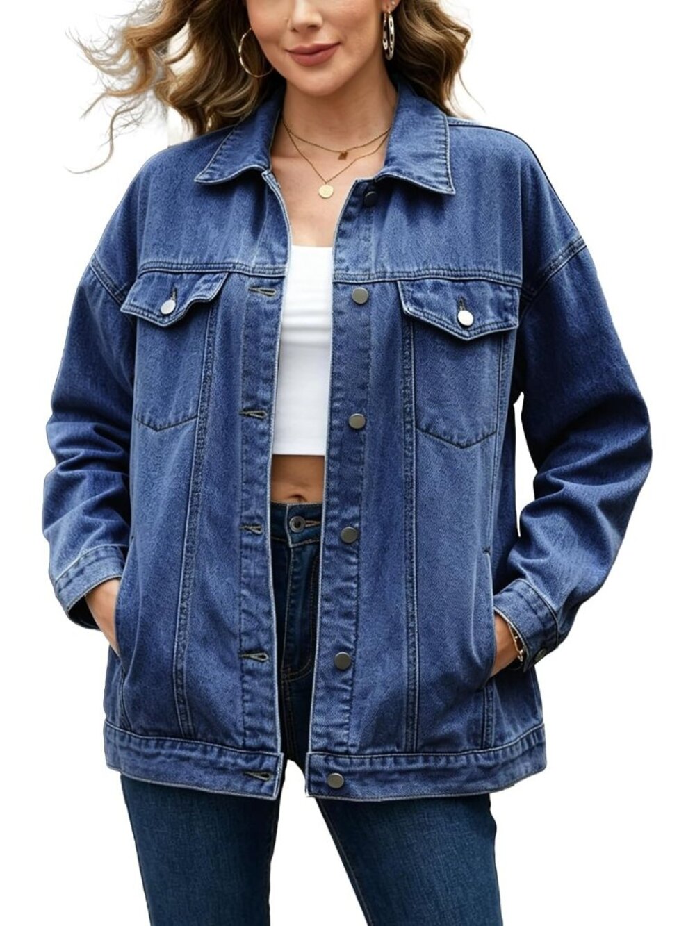 Womens Dark Blue Button Down Oversized Loose Fit Imported Denim Jean Jacket Coat